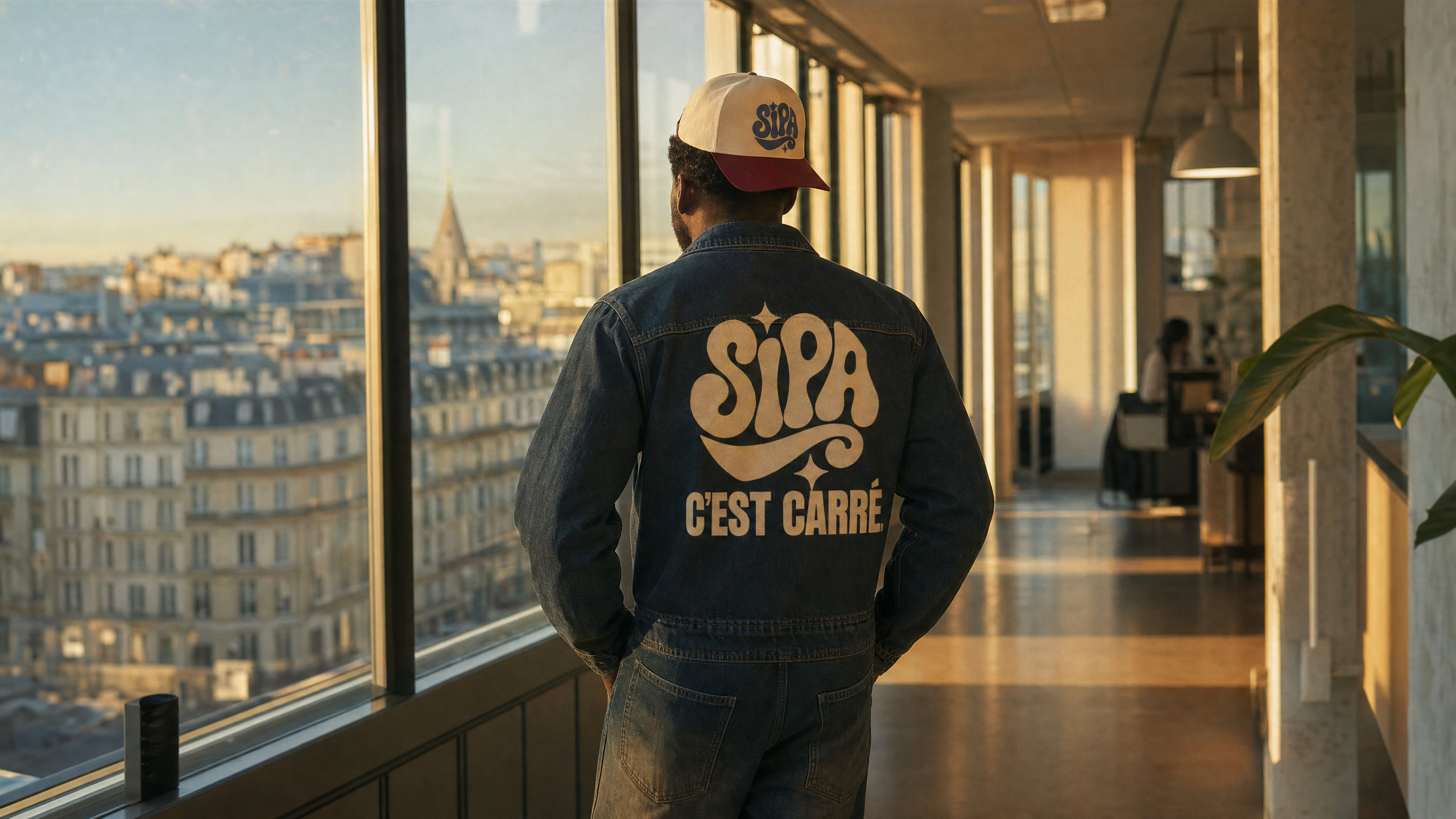 Un couloir de bureaux au lever du jour, vue sur Paris