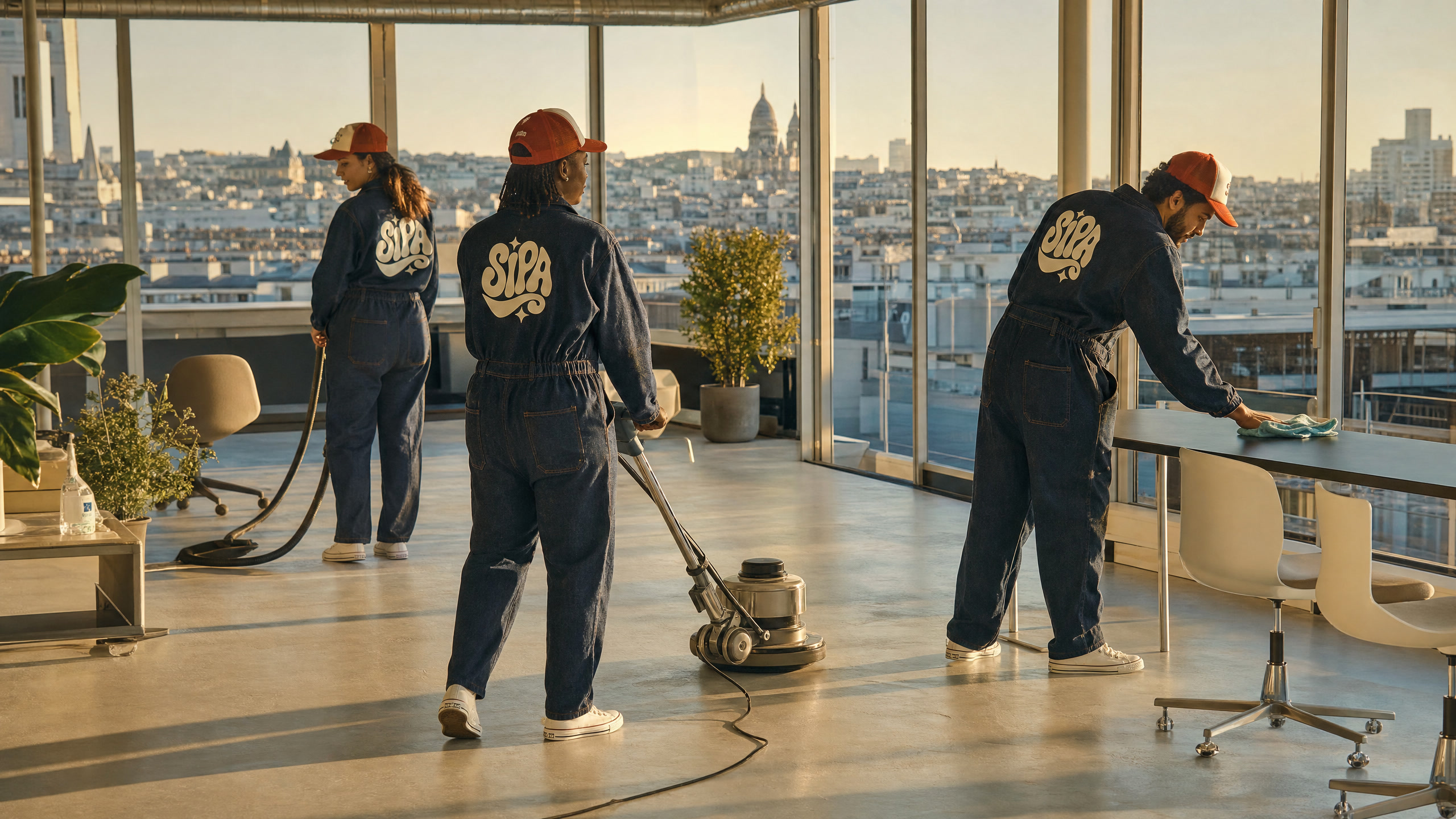 Trois membres de l'équipe au travail sur un plateau de bureaux