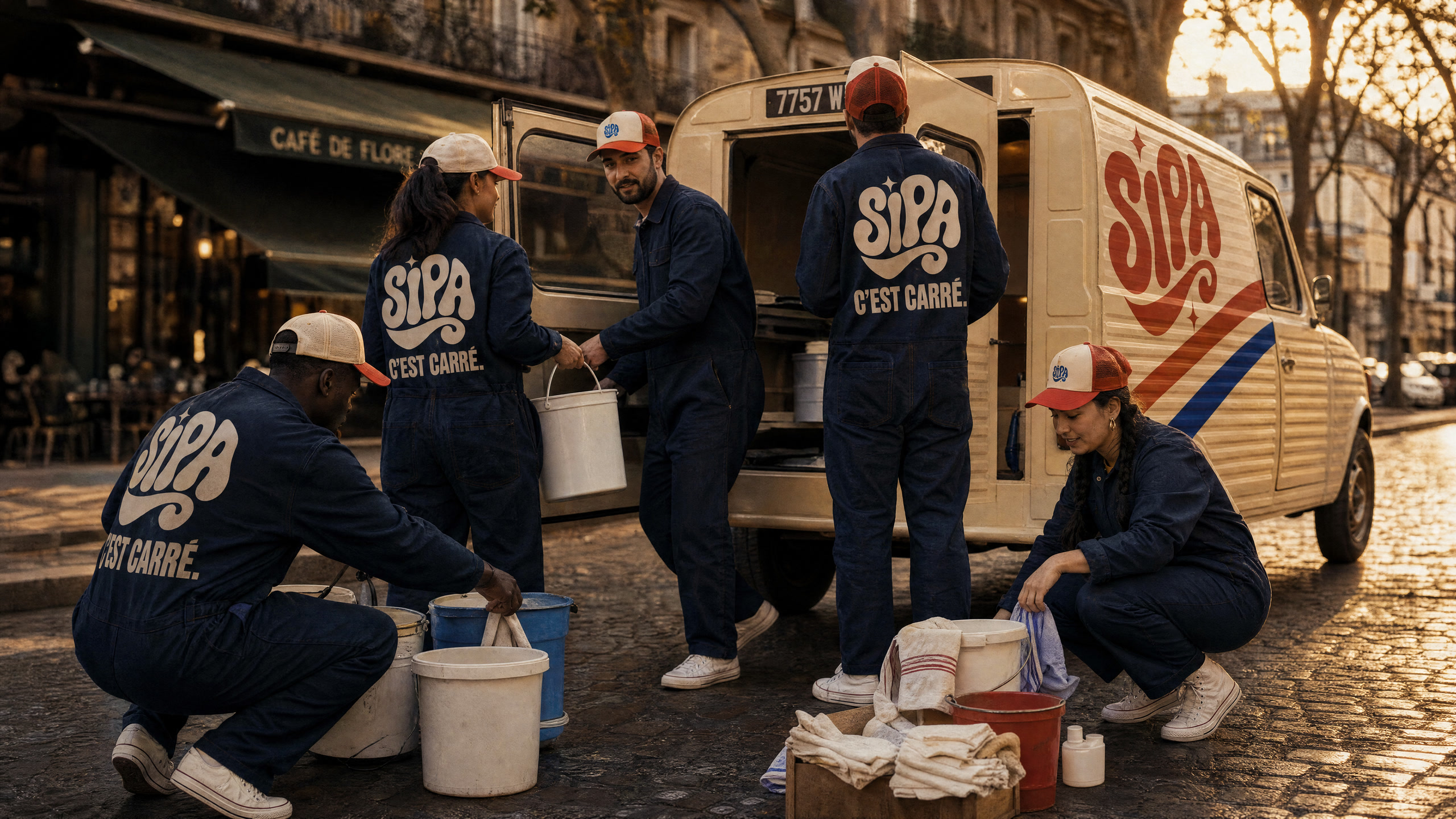 Seaux et produits déchargés sur le trottoir