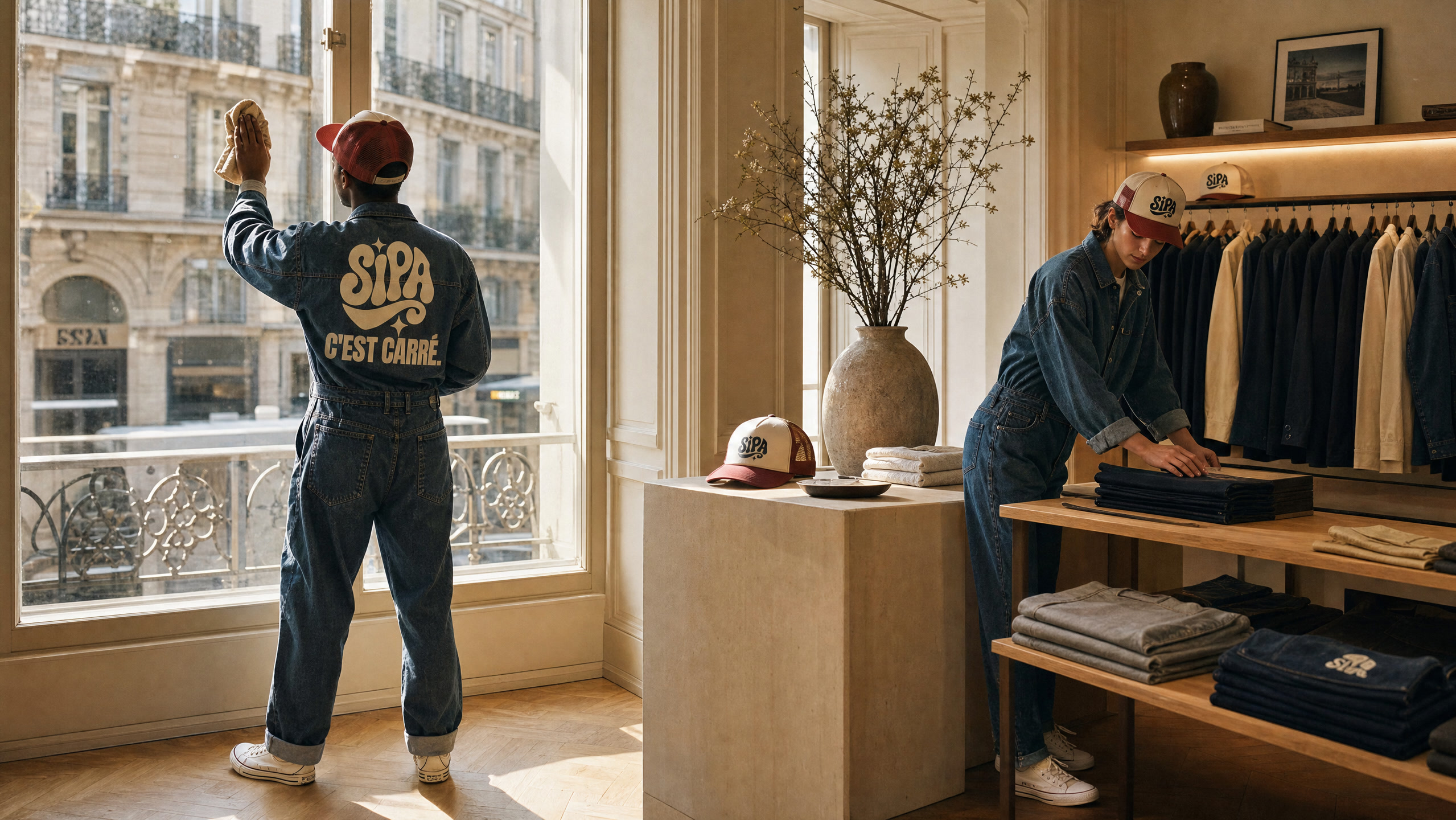Un membre de l'équipe SIPA reprend une boutique parisienne avant l'ouverture