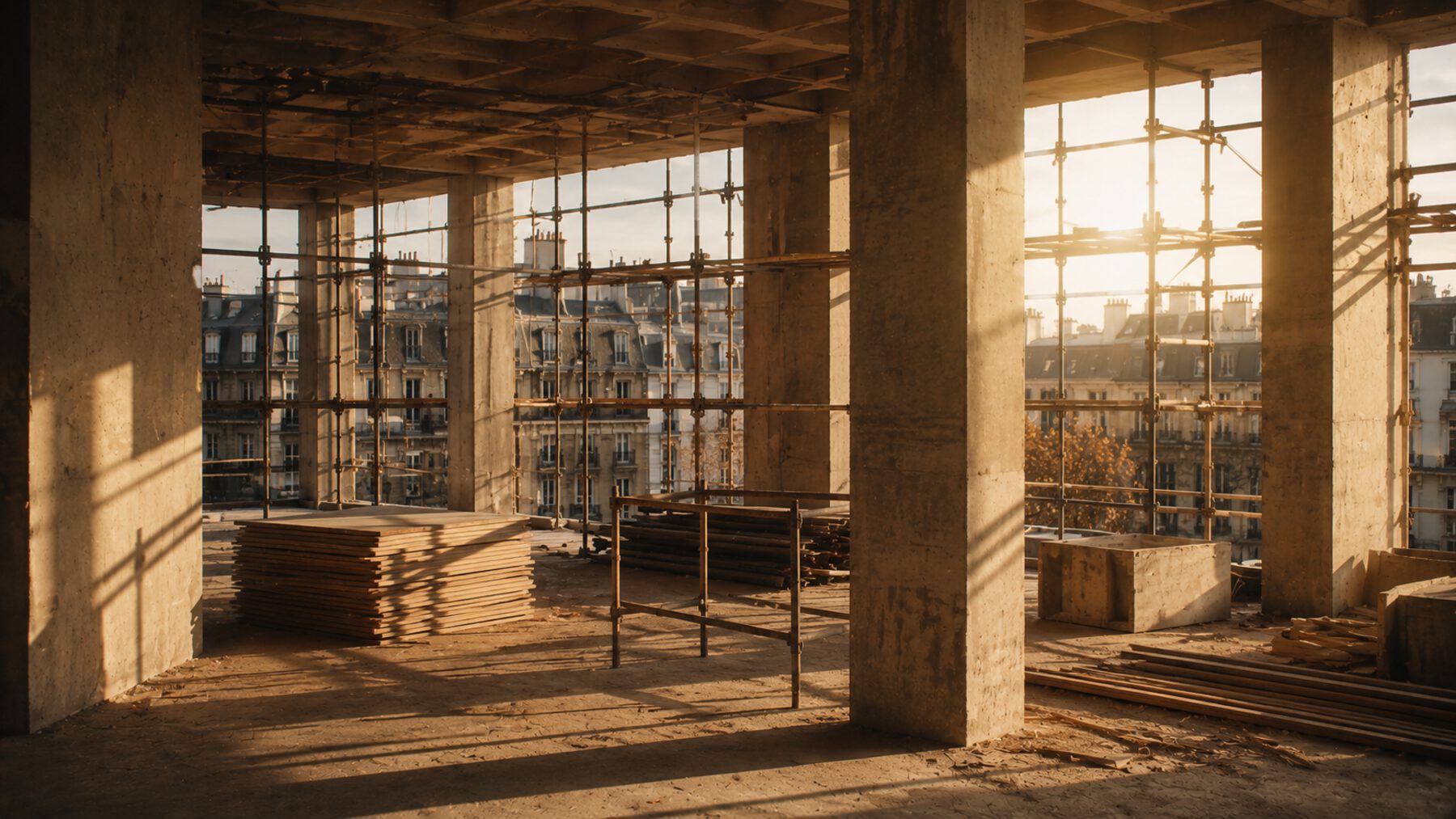 Un plateau en structure béton, échafaudages et toits de Paris