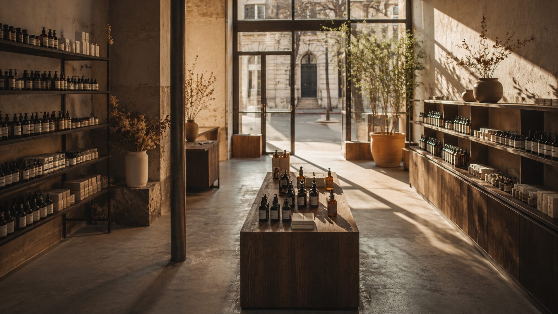 Une boutique parisienne, rayonnages et béton ciré, à l'ouverture