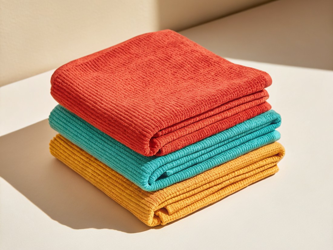 Les textiles pliés : rouge, turquoise, jaune
